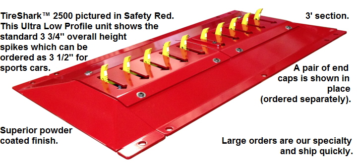 TireShark brand Traffic Spikes by TrafficSpikesUSA.com / GR8 MFG LLC. One-way access control systems for road traffic, retractable tire poppers, Tiger Teeth, Cobra, Enforcer motorized spike strips for in-ground & surface installation, directional treadle systems for in-bound and out-bound pneumatic tires. Discount: apartment complex, shopping center, mall, airport, military base, factory and business to protect parking lot, employee, security, public access, commercial property. Contractors welcome.
